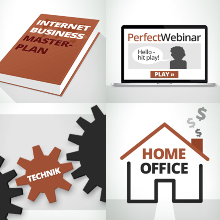 Ein 4er Set aus Icons: Ein Buch, ein Haus, ein Laptop, und ineinander laufende Zahnräder - das soll Technik Symbolisieren