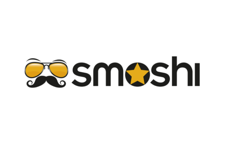 Logo smoshi - ein Gesicht mit Bart und einer Sonnenbrille und Schrift smoshi