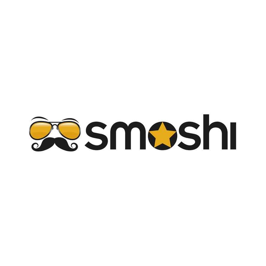 Logo smoshi - ein Gesicht mit Bart und einer Sonnenbrille und Schrift smoshi