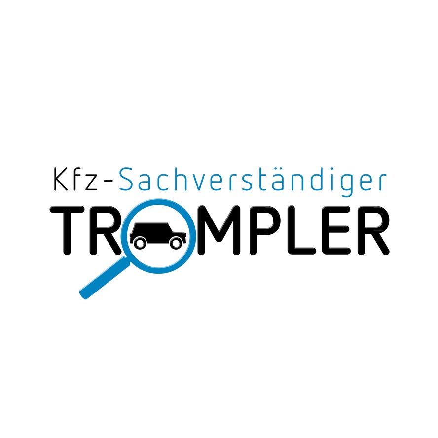 Logo Kfz Sachverständiger in schwarzer Schrift mit einer blauen Lupe, worin ein Auto zu sehen ist