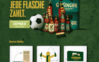 Landingpage mit einem Gewinnspiel drauf zur EM 2021 im Fussball Design mit Giesinger Bier zu sehen