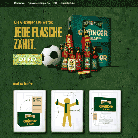 Landingpage mit einem Gewinnspiel drauf zur EM 2021 im Fussball Design mit Giesinger Bier zu sehen