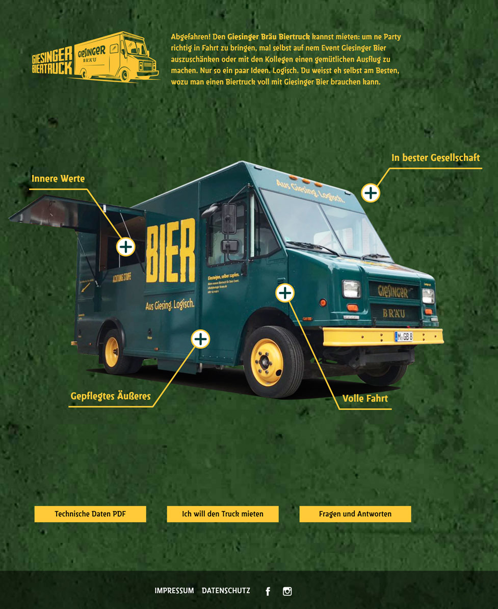 Landingpage in Grün mit dem Giesinger Biertruck und Beschreibungen