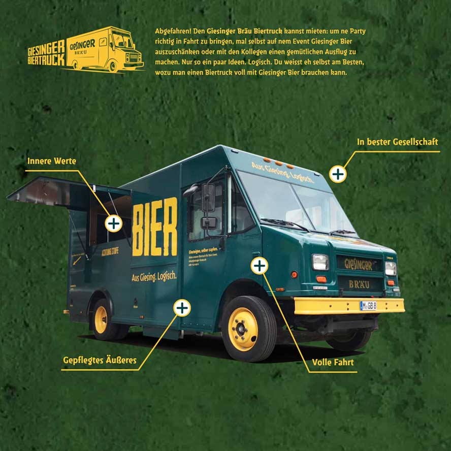 Ein grüner Bus für Gastronomie-Events steht auf einer grün hinterlegten Homepage
