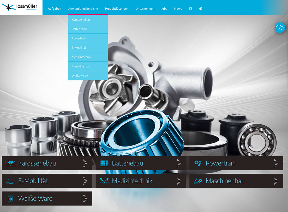 Webdesign München Lasertechnik. Eine schöne Homepage für Lessmüler GmbH - ein volles Bild einer Anwendung der Firma mit dem Navi überlegt und schön eingerahmten Leistungspunkten
