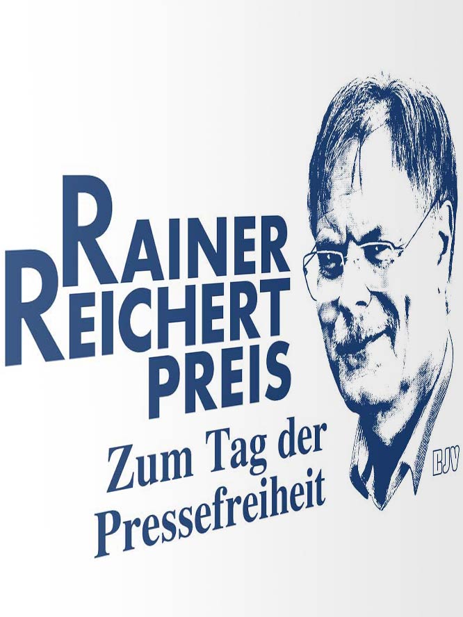 Design Gravur - Der Rainer Reichert Preis zum Tag der Pressefreihiet. Mit dem Gesicht von Hr. Reichert stilisiert als ein Logo