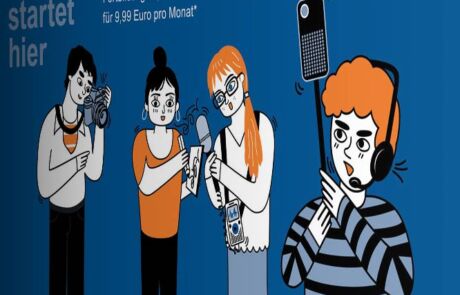 Illustration Postkarte für den BJV Voderseite in blau mit 4 Journalisten drauf