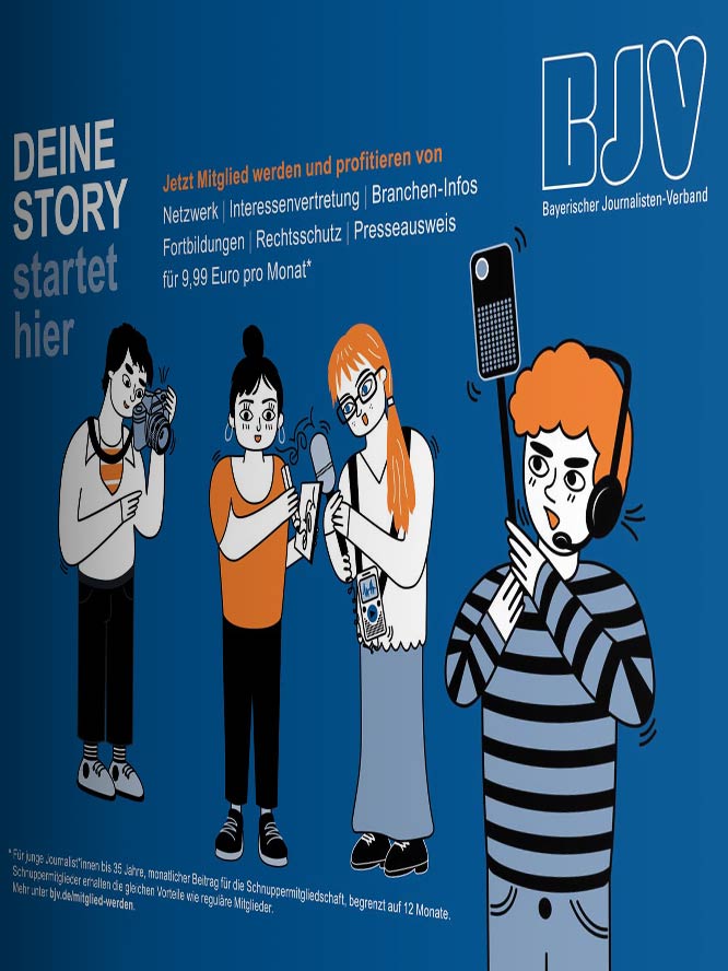 Illustration Postkarte für den BJV Voderseite in blau mit 4 Journalisten drauf