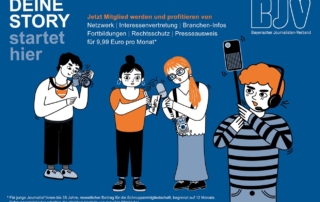 Illustration einer Postkarte für den BJV Voderseite in blau mit 4 Journalisten drauf