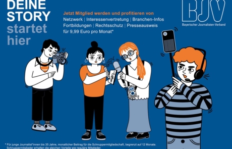 Illustration einer Postkarte für den BJV Voderseite in blau mit 4 Journalisten drauf