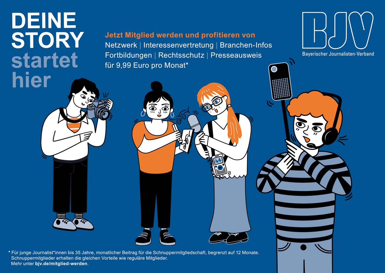 Illustration einer Postkarte für den BJV Voderseite in blau mit 4 Journalisten drauf