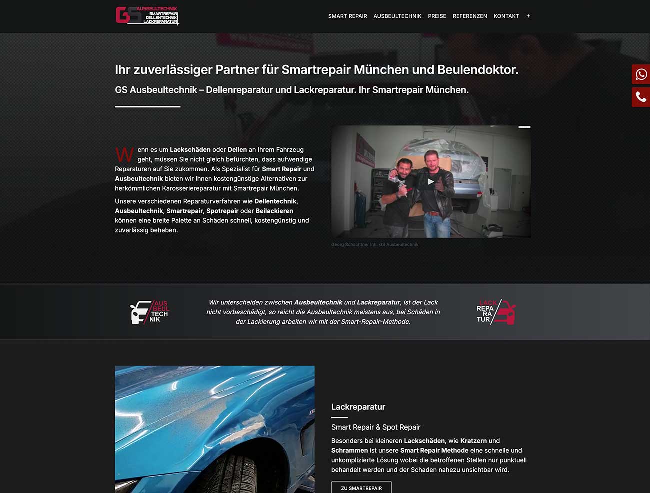 Homepage von einer Kfz Werkstatt, darauf zu sehen der Inhaber und Detlef Müller aus dem TV