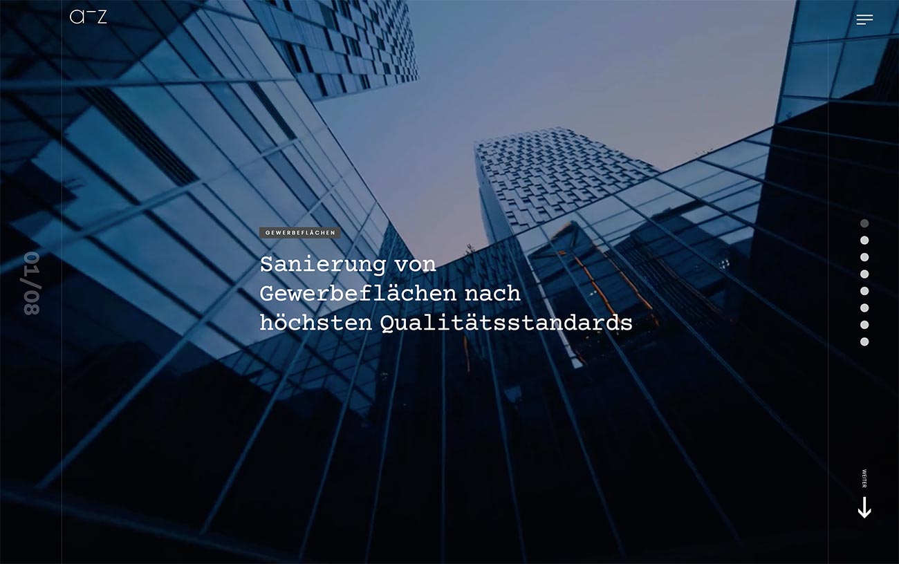 Ein gutes Webdesign mit einem voll aufgezogenen Hintergrundbild eines Gebäudes - darauf Schrift eines Bauunternehmens