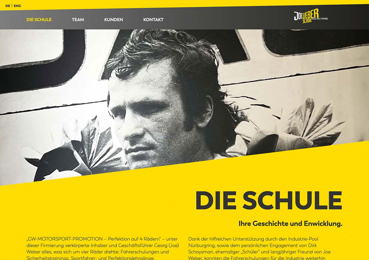 Eine gelbe Homepage des Rennfahrer Teams Joe Weber mit seinem Gesicht drauf