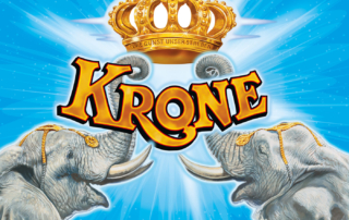 Grafik mit dem Circus Krone Logo, welches von zwei Elefenten von links und rechts gehalten wird - erstellt von Christian Petrovits
