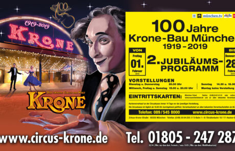 Ein Einladungs Titelspot mit Ermäßigungsticket vom Circus Kroene drauf. Motiv ist ein lachender Clown vor dem Circus Krone in München