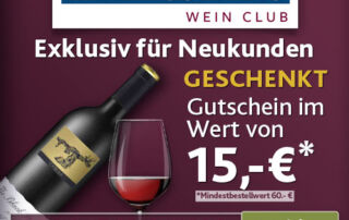 Web Banner mit 15 € Gutschein für Wein. Zu sehen eine Flasche Wein und ein eingeschenktes Glas auf purpurem Hintergrud mit 15,- € Gutschein prominent platziert