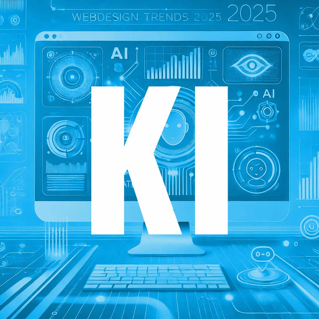 Ein Computer mit einem Chatbot der künstlichen Intelligenz geöffnet. KI in weissen Buchstaben darüber - der Hintergrund ist cyan Blau
