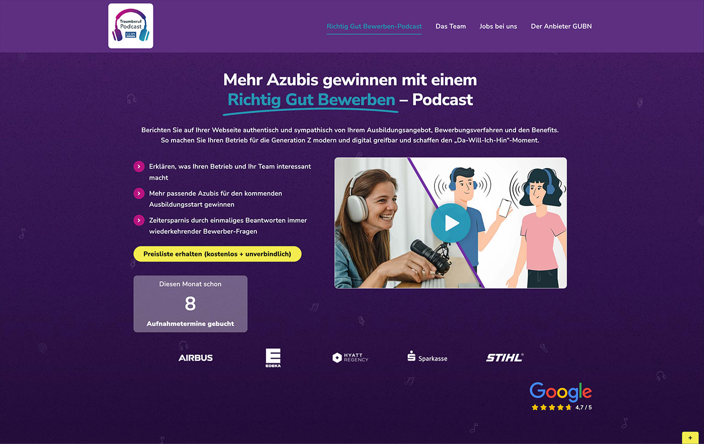 Eine lila hinterlegte Podcast Homepage oberer Screenteil