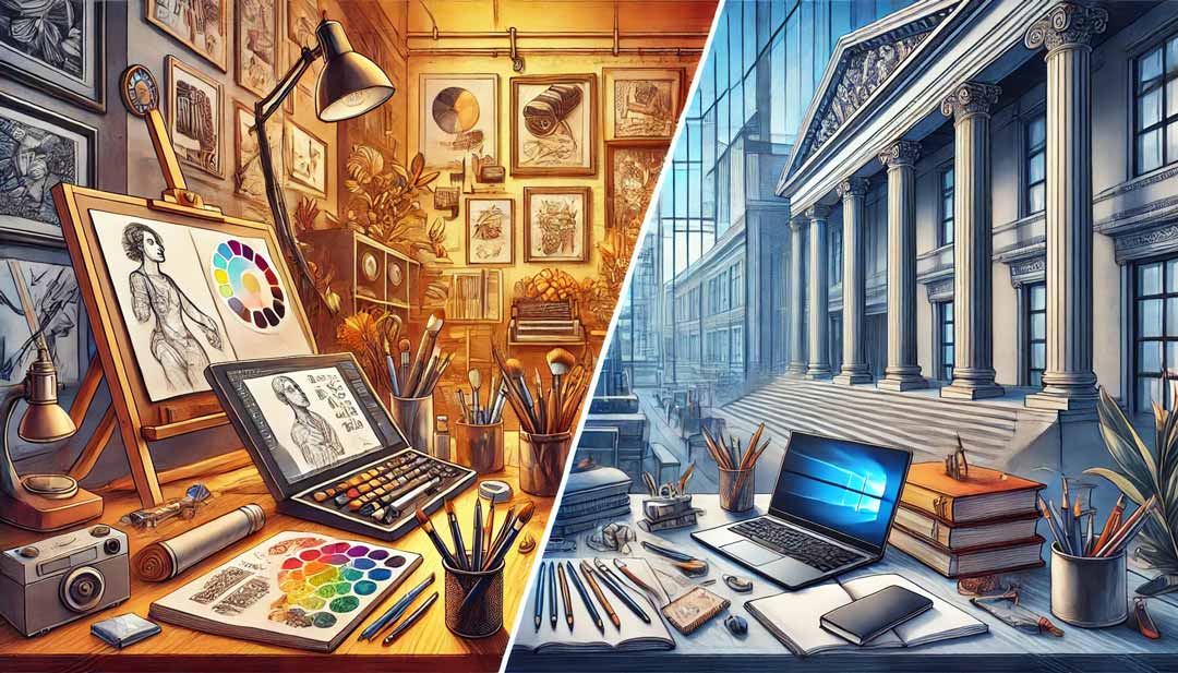 Zwei Arten Grafikdesign Lehre - links Ausbildungswerkstatt - rechts Universitätshintergrund als Grafikdesigner